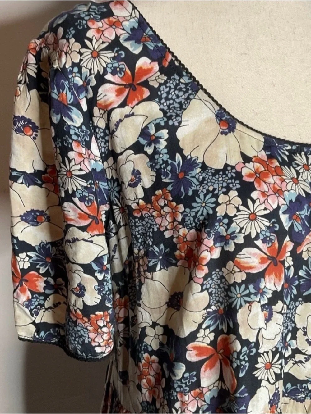 NATURAL LIFE Navy Floral Midi Dress with Cream and Coral Accents - Picture 4 of 6